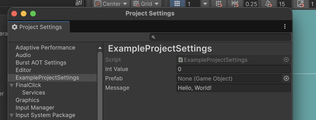 Project Settings in Unity Example